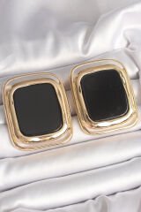 Pirinç Gold Renk Siyah Mineli Kare Model Kadın Küpe - TJ-BKP10429